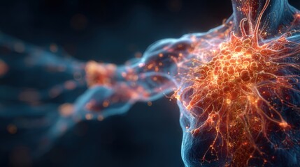 Digital art displays an intricate view of the human immune system, highlighting colorful cells actively responding to pathogens. The design emphasizes the connections and actions within the body.