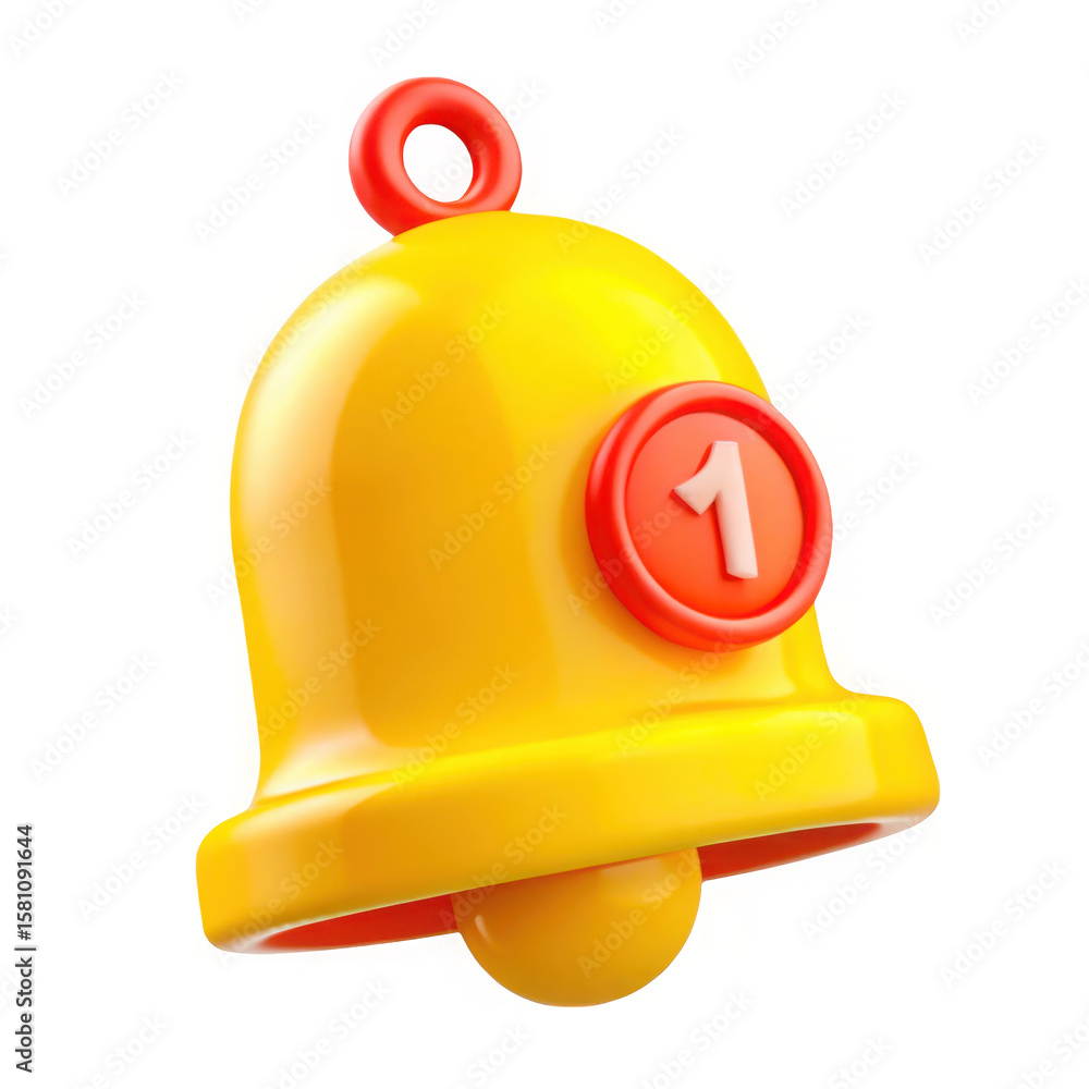 Poster bright yellow notification bell icon with red accent and number one isolated on transparent backgrou