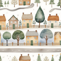 A charming, whimsical watercolor illustration depicts a seamless pattern of a snow-covered village with various houses, evergreen and bare trees, and winding roads