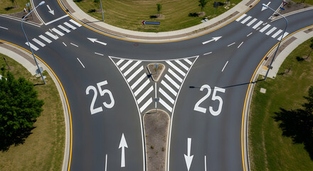 Aerial view of a roundabout with traffic arrows and speed limit markings showcases modern urban design and infrastructure efficiency
