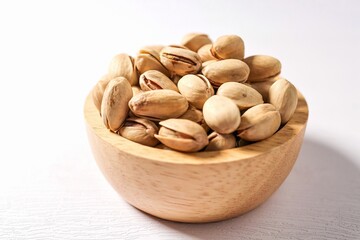 Dry Roasted and Salted Pistachios in wooden bowl