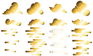 Set of gold traditional Asian style clouds silhouette with swirling, fluffy shapes and patterns in flat minimalist design for decorative design elements and cultural motifs