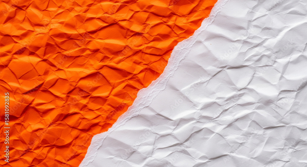Poster orange and white crumpled paper texture, diagonally divided, creating a contrasting background ideal