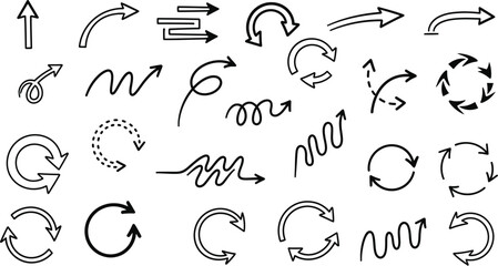 Diverse doodle arrows pointing in various directions on a white background