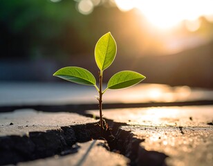 Young sprout emerging from cracked pavement