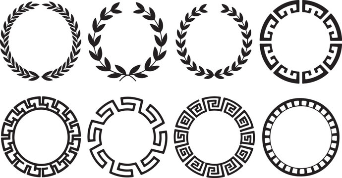 Collection of black circular laurel wreaths and ancient greek meander pattern borders on transparent background