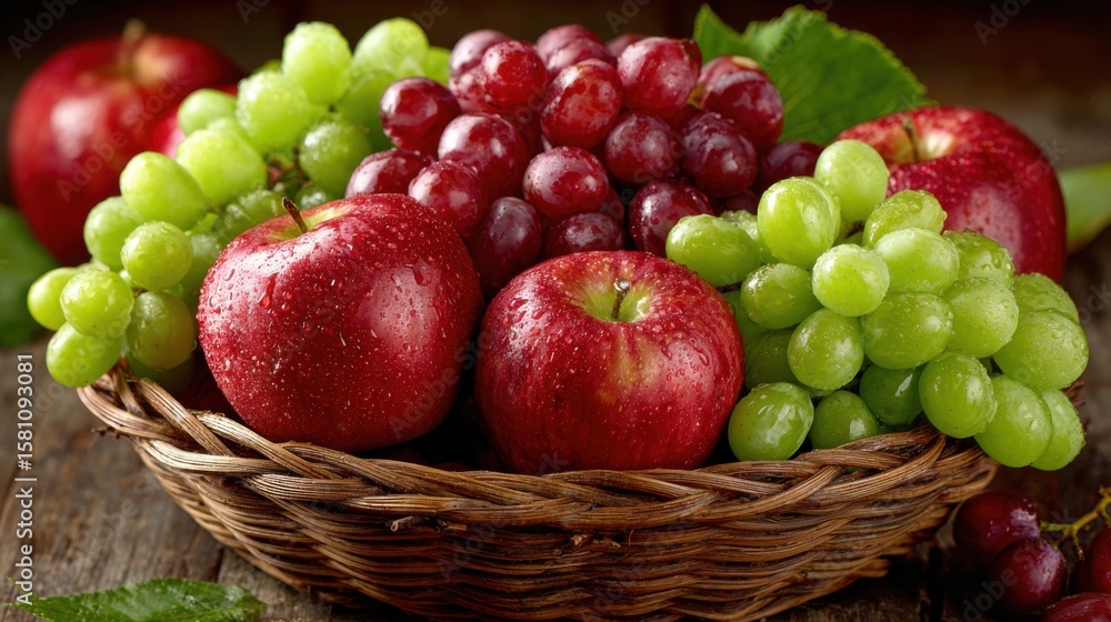 Poster a woven basket contains an assortment of fresh, shiny red apples and clusters of green and red grape