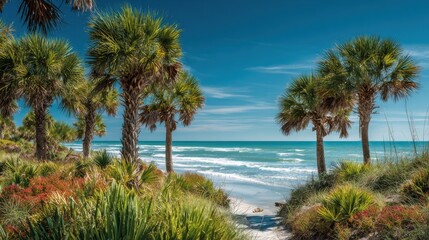 Fototapeta premium Lush palm trees frame a tranquil beach where turquoise waves roll in softly. Bright green foliage contrasts with the sandy shoreline under a clear blue sky.
