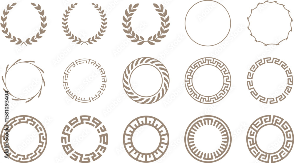 Aufkleber collection of elegant circular frames and laurel wreaths in taupe on a transparent background