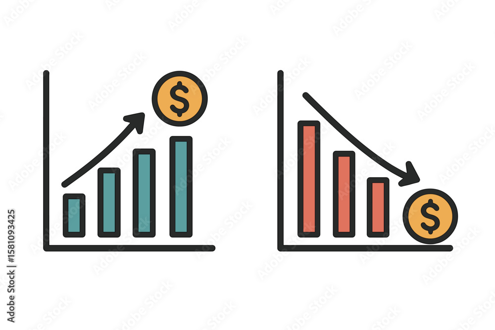 Poster vector icon representing the growth and decline of a company's profits, serving as a performance ind
