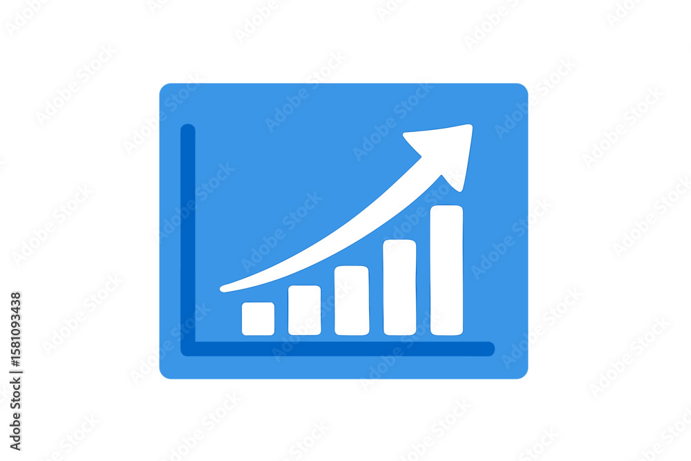 Poster a blue-colored background features an abstract financial graph displaying an uptrend line arrow and 