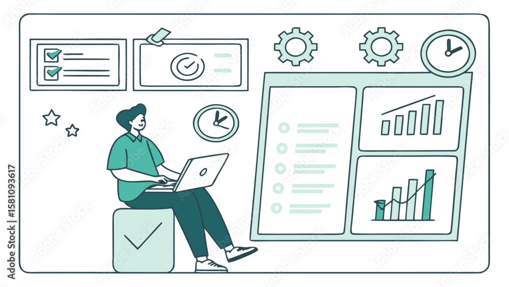 Poster person sitting with laptop in front of dashboard with charts and checklists in a stylized illustrati