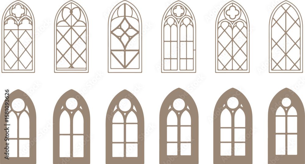 Poster collection of gothic arch windows with decorative tracery and panes isolated on transparent backgrou