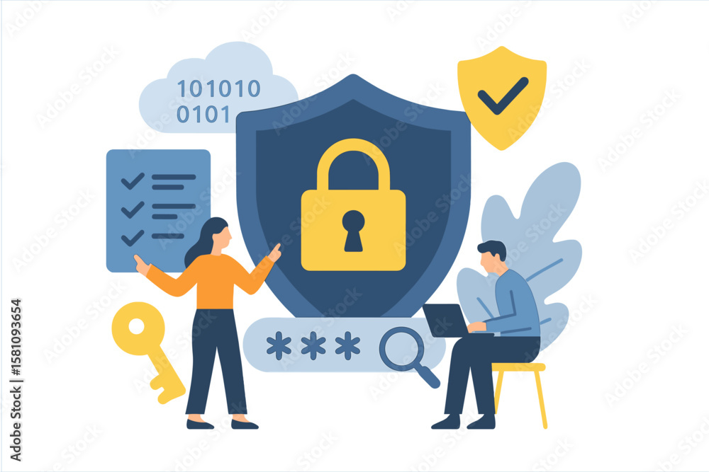 Aufkleber a vector illustration concept of cyber security is depicted with characters, focusing on data securi