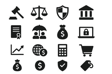 Fototapeta premium Legal, laws, justice, insurance, banking finance, cyber security, economics market and e-commerce black classic icon set’ is reworded as a collection of black classic icons for legal, laws, justice