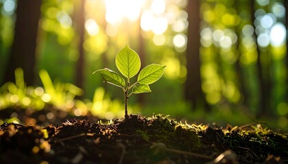 Young sprout emerging from soil in forest