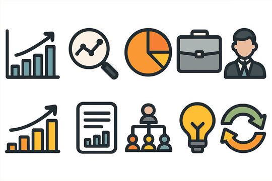 Collection of 30 linear icons related to charts in outline form, featuring editable strokes and presented as a vector illustration