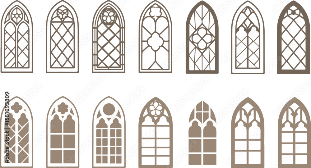 Poster collection of gothic arch window designs with intricate tracery and geometric panes isolated on tran
