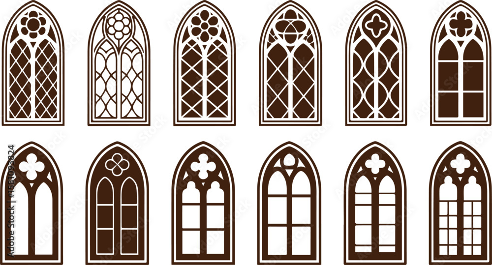 Poster collection of gothic arched windows with decorative tracery and mullions isolated on transparent bac