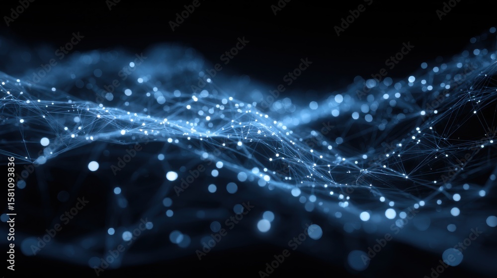Poster bright blue lights create a flowing wave effect, representing a network of connections and data in a