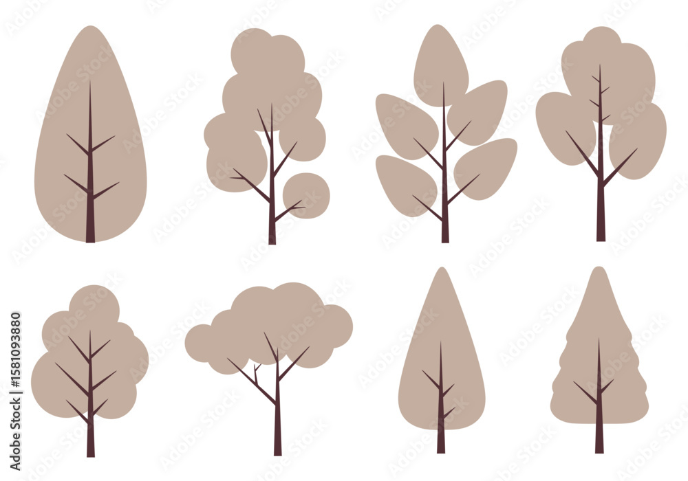 Poster collection of stylized trees with various shapes and brown color palette.