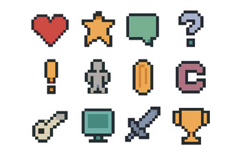 A collection of simple geometric pixel symbols is presented in vector flat 8 bit icons