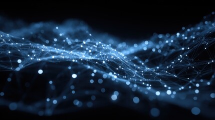 Bright blue lights create a flowing wave effect, representing a network of connections and data in a digital landscape. The visual conveys a sense of movement and complexity.