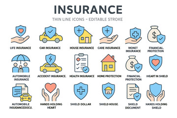 A set of thin line icons for insurance is available, featuring editable stroke symbols for various types of insurance, including life, car, house, care, and money insurance, presented as a vector