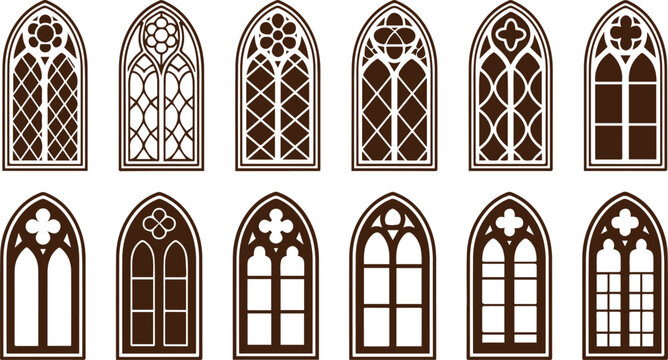 Collection of gothic arched windows with decorative tracery and mullions isolated on transparent background