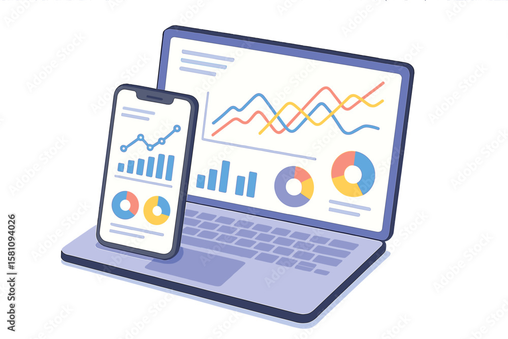 Poster the application of a smartphone alongside a business graph and analytics data displayed on an isomet