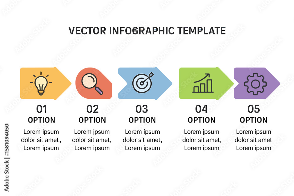 Poster template for vector infographic, incorporating workflow elements and icons with five distinct option