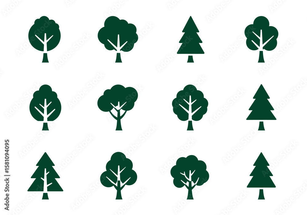 Poster collection of twelve dark green tree icons with various shapes and styles