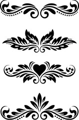Black ornate floral swirls and heart decorative elements vector