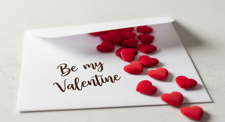 White envelope with red hearts spilling out, displaying "Be my Valentine" message, symbolizing love and affection for Valentine's Day