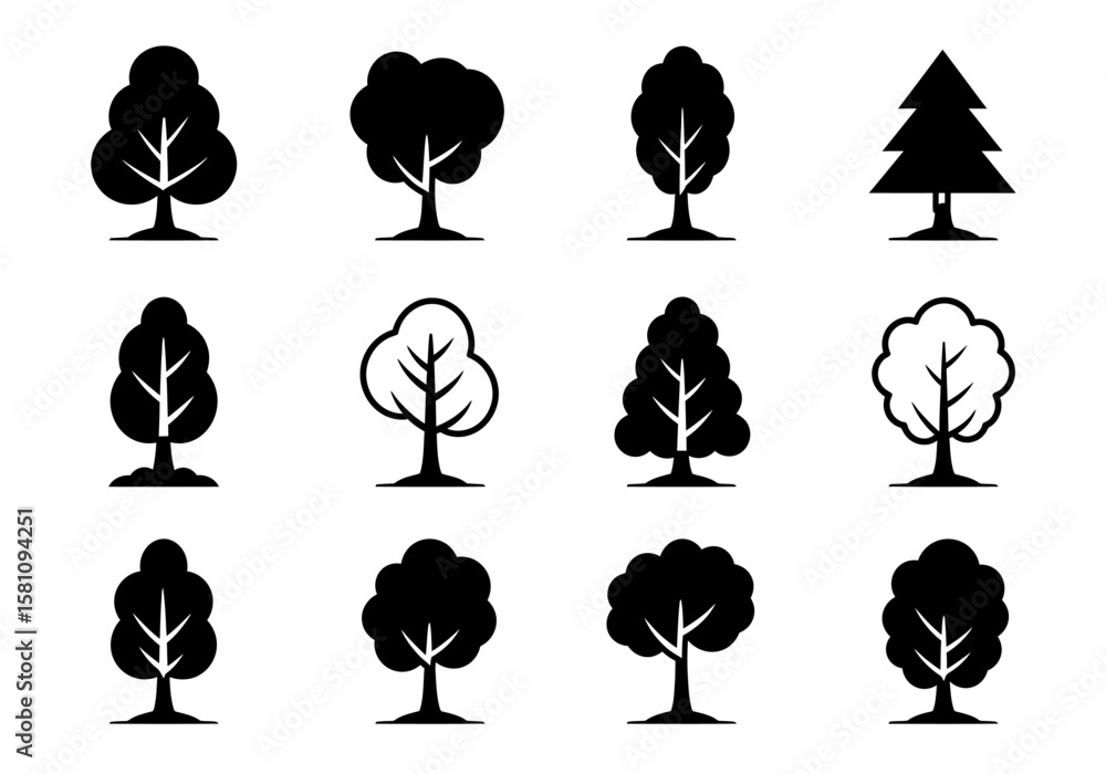 Poster collection of twelve stylized black and white tree icons in vector format