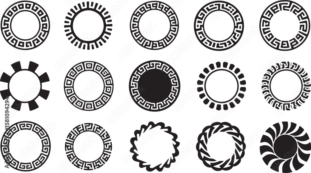 Poster collection of circular decorative frames and borders featuring greek key and geometric patterns