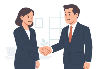 Fototapeta premium Two business people are depicted shaking hands in an office setting, symbolizing a deal, partnership, equality, and agreement, as shown in a vector illustration on a white background