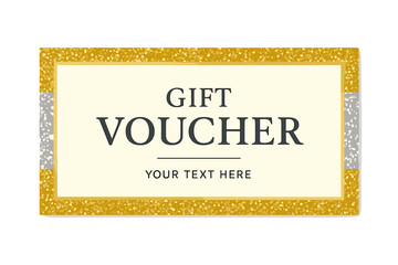 Vector illustration of a gift voucher template featuring glitter gold and silver, suitable for designing invitations, certificates, gift coupons, tickets, vouchers, diplomas, and more
