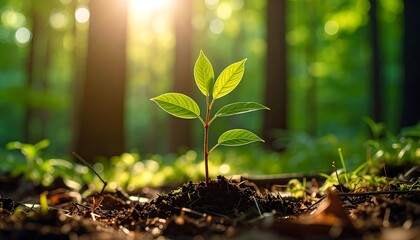 Young sprout in forest floor sunlight