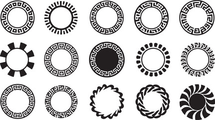 Collection of circular decorative frames and borders featuring greek key and geometric patterns