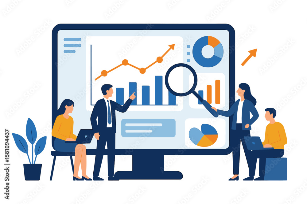 Poster flat business people working analytics and monitoring research on web report dashboard monitor and v