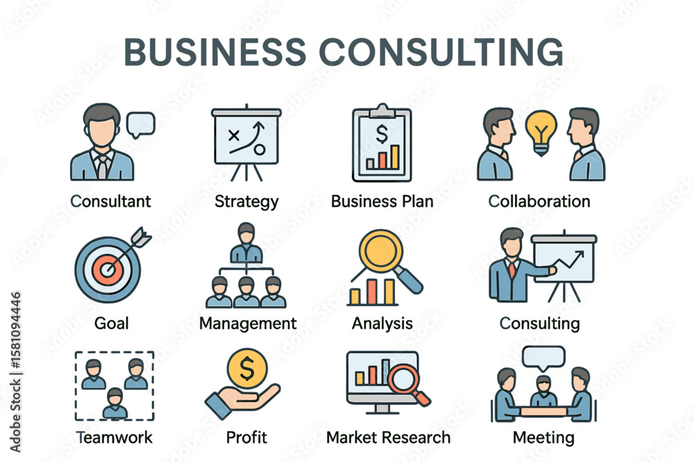 Poster a set of business consulting line icons is available, featuring modern outline elements and graphic 
