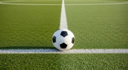 Obraz premium Soccer ball positioned at the corner of a green soccer field.
