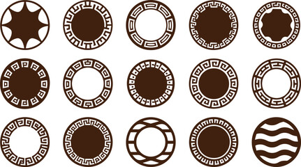 Collection of decorative circular frames and borders featuring geometric patterns and wave designs