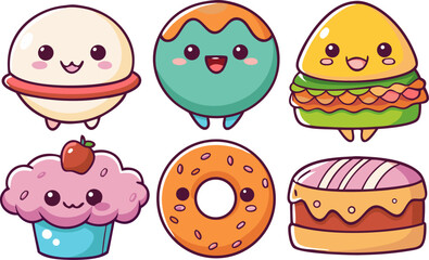  6 Kawaii Cute Food Vector Stickers Set