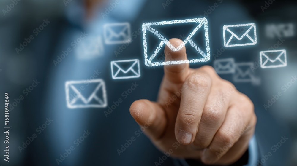 Poster a business professional engages with virtual email icons displayed on a screen. this moment captures