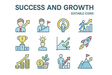 Fototapeta premium A set of editable icons representing Success and Growth is available, featuring vector illustrations in a modern thin line style that includes business icons for personal, professional, and financial