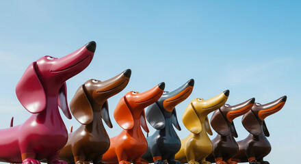 Row of colorful dachshund sculptures looking upward against a clear blue sky, showcasing a playful and cheerful scene, ideal for children's themes or joyful brand messaging