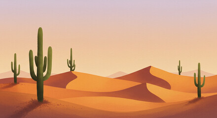 Watercolor desert scene with tall cactus, sand dunes, and warm evening light