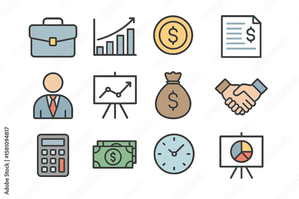 Poster vector business and finance icons are presented in a thin line style as a comprehensive collection